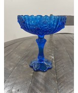 Vintage Fenton Colonial Blue Glass Compote Cabbage Rose Pedestal Candy R... - $34.64