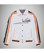 White Avirex Leather Jacket - Classic Racing Striped Bomber Style - $199.99