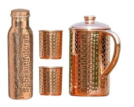 Hammered Copper Drinking Bottle Water Pitcher Jug Tumbler Glass 1500ML Set Of 4 - £40.23 GBP