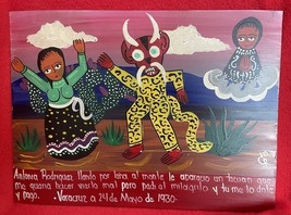 Mexican Folk Art Devil-Headed Jaguar Attacks Woman Painted Tin Ex Voto R... - $40.00