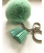Fur pom pom keychain candy green REX Rabbit bag charm ball with two gradient col - $15.99