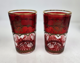 2 Cranberry Ruby Red Moroccan Tea Juice Glasses Gold Trim Star Pentagram 4&quot; - £13.29 GBP