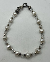 Dainty Vintage Sterling Silver Beads &amp; Pearl Glass  Bracelet 925 Unsigned 6.5” - £11.87 GBP