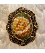 Vintage Pendant Brooch Gold Needlepoint Mid-century Art Nouveau Necklace - $36.35 CAD
