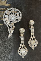 Weiss Clear Rhinestone Deco Baguette Estate Brooch Dangle Drop Clip Earr... - £112.80 GBP