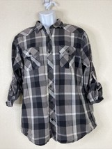 Eighty Eight Men Size L Gray Plaid Button Up Shirt Long Sleeve Pockets Roll Tab - £6.57 GBP