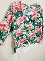 Rebecca Malone Pink Green Floral Knit Blouse Lace Trim Hem 3/4 Sleeves Size M - £7.93 GBP