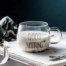 New Coffee Tea Milk Clear &quot;Good Morning&quot; Set of 2  Cups Mug Bowl Cup Glass X2 - £10.41 GBP