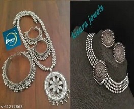 Indian Women 2 Silver Oxidized Necklace Set Bohemian Gypsy Fashion Jewelry Gift - £29.91 GBP
