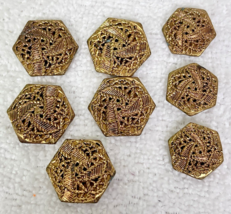 8 Vintage Copper Gold Tone Filigree Weave Hexagon Sided Metal Sewing But... - $12.38