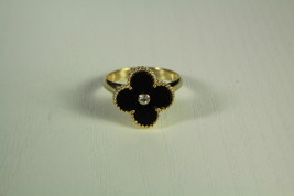 Onyx Quatrefoil Motif Gold Plated Ring with Cubic Zirconia - $55.00
