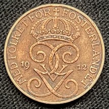 1912 Sweden 1 Ore Gustaf V Coin Extremely Fine - $7.92