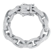 Men&#39;s Cubic Zirconia Full Iced Thick Oval Chain 925 Sterling Silver Bracelet - £244.19 GBP+