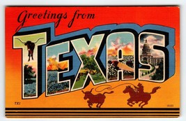 Greetings From Texas Large Big Letter Postcard Linen Unused Horse Cowboy Cattle - £7.86 GBP