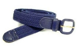 Navy Leather Covered Buckle Woven Elastic Stretch Belt, 1-1/4&quot; Wide Mens Ladies - £9.62 GBP