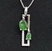 Natural 1.05ctw Colombian Emerald &amp; Diamond Cut White Sapphire 925 Pendant - £73.98 GBP