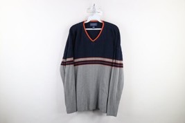 Vintage 90s Streetwear Mens Large Color Block Striped Ribbed Knit V-Neck Sweater - £38.73 GBP