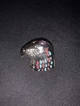 Silver Tone Eagle Head Lapel Pin Turquosie and Coral Color Accents - $5.00