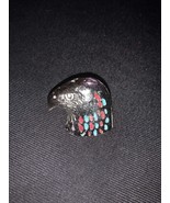 Silver Tone Eagle Head Lapel Pin Turquosie and Coral Color Accents - $6.79 CAD