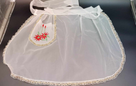 Vintage Sheer Nylon Half Christmas Embroidered Apron W/Pocket &amp; Gold Trim - £9.39 GBP