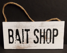BAIT SHOP White Wash Pine Distressed Wood Plank Plaque Sign w/ Rope Handle 12&quot; - £15.92 GBP