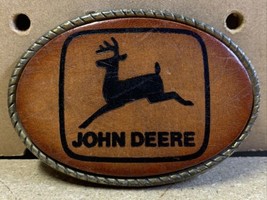 John Deere Leaping Deer Trademark Logo Brass Leather Belt Buckle RJ Maker - $20.90