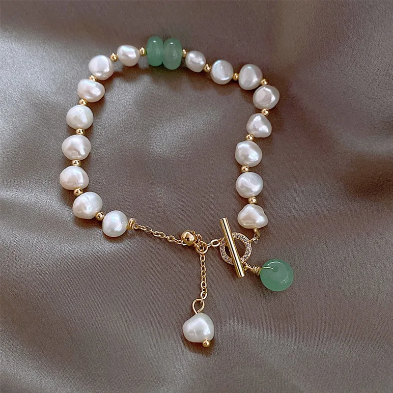 Gold Plated Natual Freshwater Baroque Pearl Bracelet for Women Girls Green Beads - £17.08 GBP