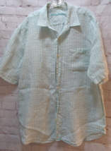 Tommy Bahama FLAWED large L green white plaid men&#39;s button front Linen s... - $8.90