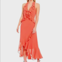 Badgley Mischka Sz 4 Valentina Dress Coral HIgh Low Chiffon Ruffle $219 NEW! - £43.51 GBP
