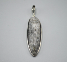 Sajen Sterling Silver Orthoceras Fossil Pendant Gray Onyx Statement Long 2.75" - $48.37