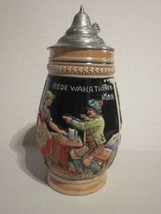 Vintage Art Pottery Rede Wahrtrinke Klar Metal Lidded Ceramic German Stein - £14.93 GBP