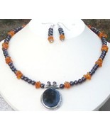 Adjustable Amber and Garnet Pendant Necklace and Earrings Set - £51.14 GBP