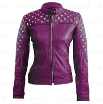 New Women Handmade Purple Silver Star Studded Brando Cowhide Leather Jacket-687 - £215.81 GBP