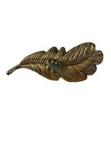 Vintage Gold Tone Leaf Brooch Green Stone Feather Pin Textured Metal - $13.50