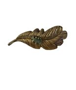 Vintage Gold Tone Leaf Brooch Green Stone Feather Pin Textured Metal - $13.50
