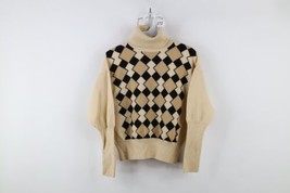 Vintage 90s DKNY Womens Large Distressed Wool Knit Diamond Turtleneck Sweater - $49.45