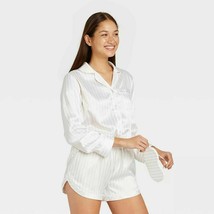 Women&#39;s 3pc Striped Satin Long Sleeve Notch Collar Top and Shorts Pajama Set XL - £18.15 GBP