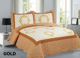 Lidia Flowers Gold Color Embroidery Bedspread Set 3 Pcs Queen Size - £38.66 GBP