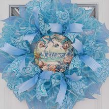 Welcome Beach Wreath  24" Coastal Mesh, Seashells, Starfish, Ocean Blues - $64.99