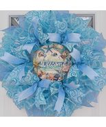 Welcome Beach Wreath  24" Coastal Mesh, Seashells, Starfish, Ocean Blues - $64.99