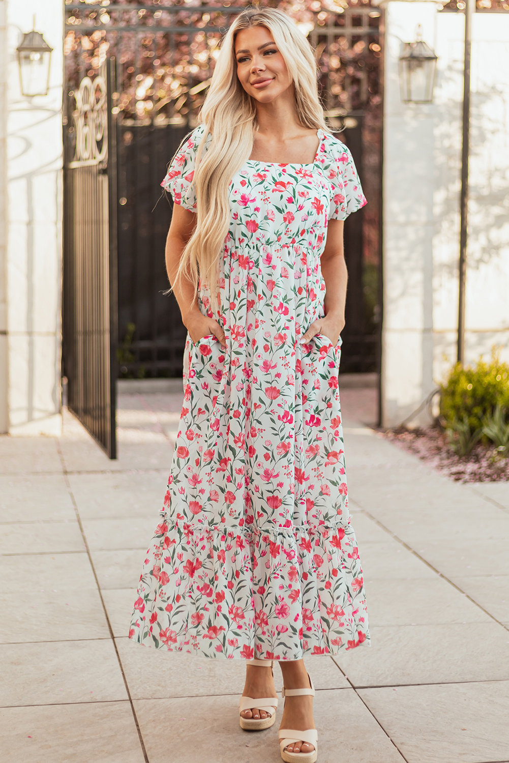 Pink Floral Puff Sleeve Square Neck Empire Waist Tiered Maxi Dress - $16.67