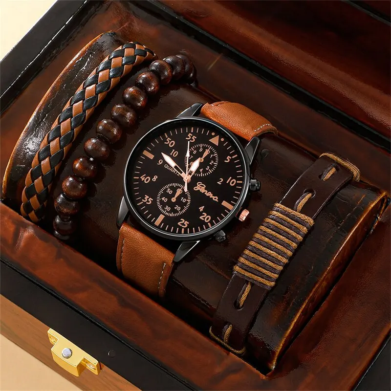 New Men Watch  celet Set Fashion Business Brown Leather Wrist  for Men Gift Set  - £78.75 GBP