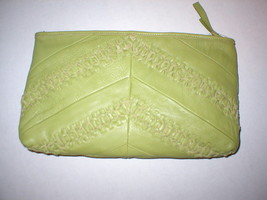New Designer Charles David Green Leather Embroidered Clutch Handbag Logo Unique - £232.59 GBP