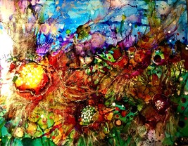 Original Alcohol ink mix media painting on yupo paper,abstract bright flowers,gi - £36.53 GBP