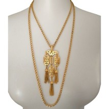 Crown Trifari Greek Key Necklace Pendant Tassels Vintage Multi Strand Gold Tone - £78.75 GBP