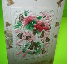 Christmas Postcard 3D Raised Image Embossed German Bells Poinsettias TIC Vintage - £28.27 GBP