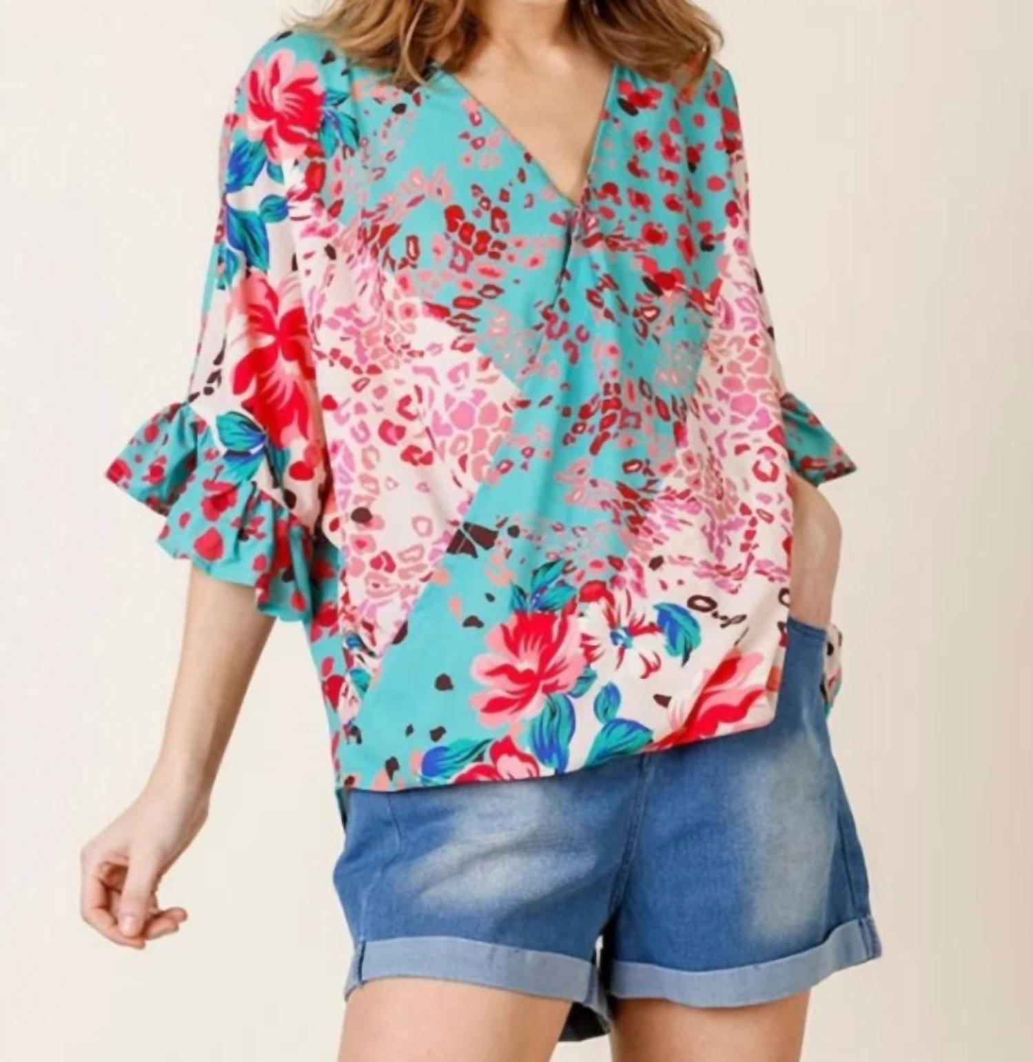 Umgee Floral Animal Print Ruffle Top Size L - $41.58