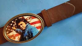Johnny Cash Epoxy Belt Buckle USA FLAG &amp; Brown Bonded Leather Belt - NEW! - $27.72