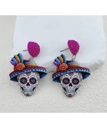 Sugar Skull, Day Of The Dead Dangle Stud Earrings Hot Pink , Multi Color... - €11,89 EUR