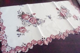 Jin Liu tablecloth embroidered and applied burgundy flowers, 33x33 [18B] - $24.50
